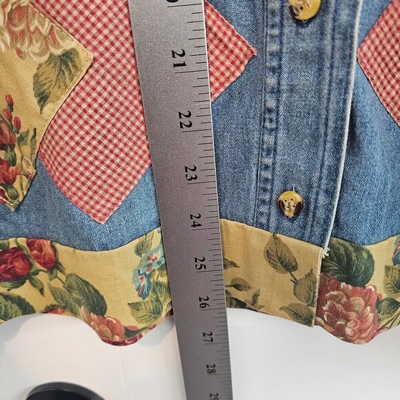 Vintage 90s Denim Blouse Womens Small Red Patchwork Cottagecore Lace Flowers - Picture 8 of 9